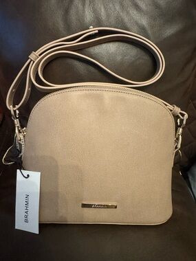 Brahmin Taupe Crossbody Saddle Bag with Gold Hardware